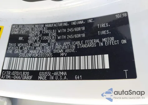 2019 Toyota Highlander Xle из США, поврежденный, VIN 5TDJZRFH3KS933905